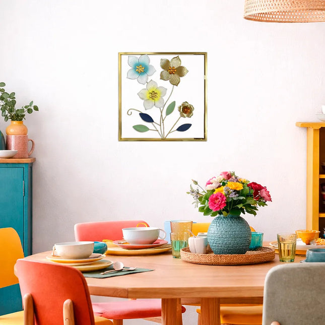 Cuadro Decorativo 45x45cm Pared De Flores Con Marco Metálico Negro