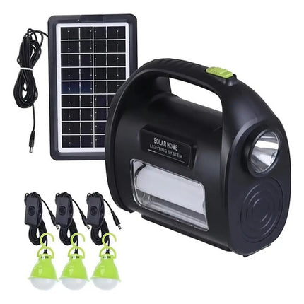 Kit Luces Panel Solar Con 3 Lamparas Led Linterna Camping Color Negro