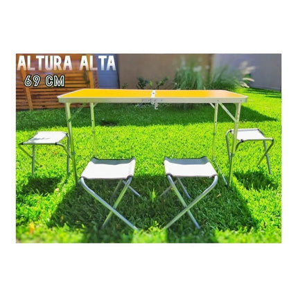Mesa Plegable Aluminio 120x60cm + 4 Bancas  Marron Oscuro