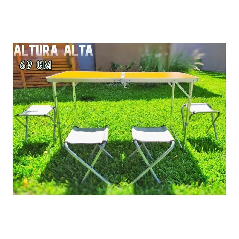 Mesa Plegable Aluminio 120x60cm + 4 Bancas  Marron Oscuro