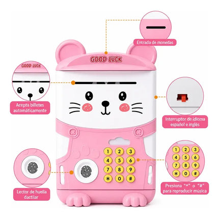 Alcancía Gato Ahorro Automática Contraseña Huella Y Sonido Gato Rosa