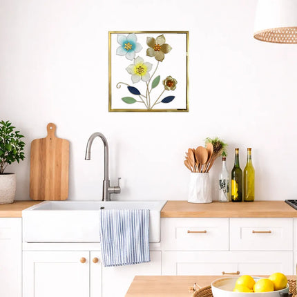 Cuadro Decorativo 45x45cm Pared De Flores Con Marco Metálico Negro