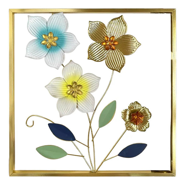 Cuadro Decorativo 45x45cm Pared De Flores Con Marco Metálico Negro