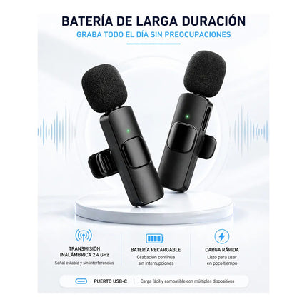Micrófono Lavalier Inalámbrico Doble Mini Conexión A Celular Negro