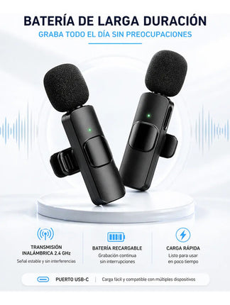 Micrófono Lavalier Inalámbrico Doble Mini Conexión A Celular Negro
