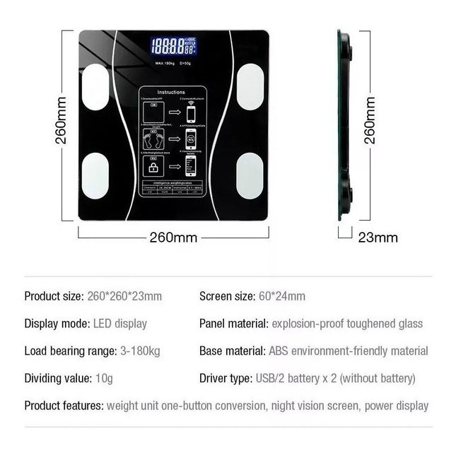 Balanza Baño Digital Bluetooth Inteligente Peso Grasa Imc 18 Negro
