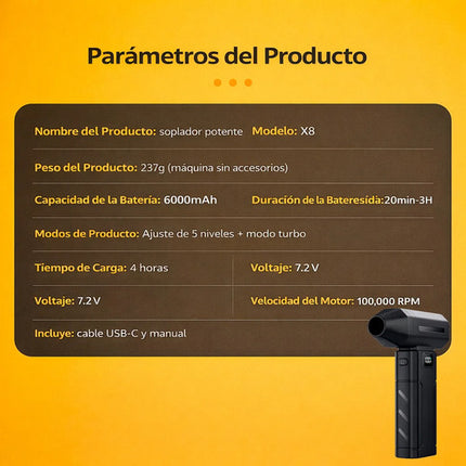 Soplador Inalámbrico Alta Presión Ventilador Turbo Potente Negro