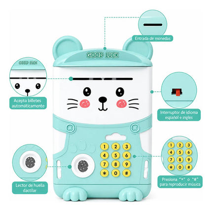 Alcancía Gato Ahorro Automática Contraseña Huella Y Sonido