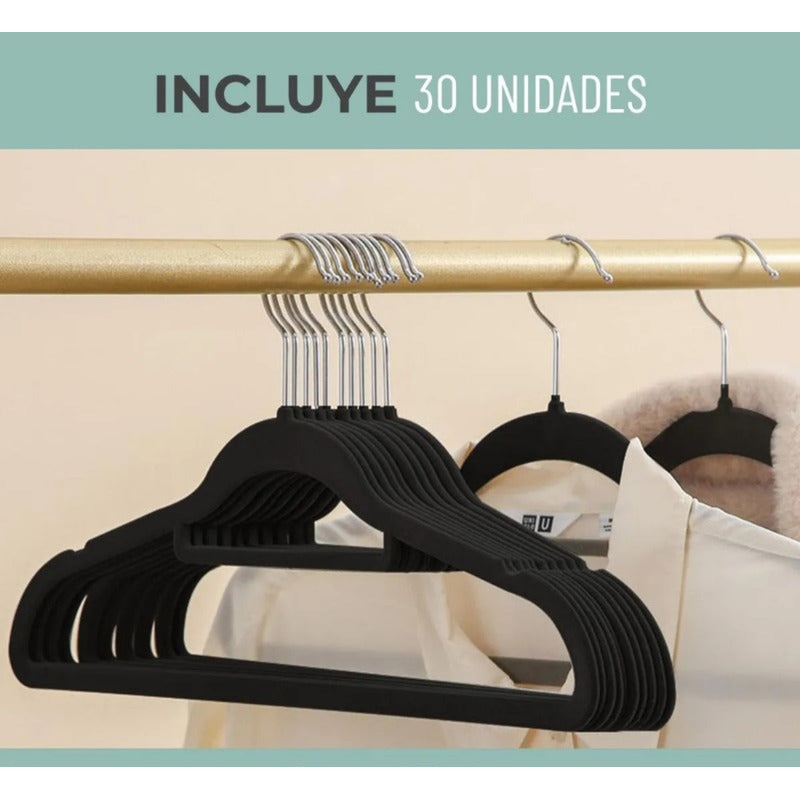 Colgadores De Ropa Set 30u Terciopelo Antideslizante Negro