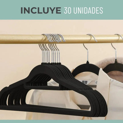 Colgadores De Ropa Set 30u Terciopelo Antideslizante Negro