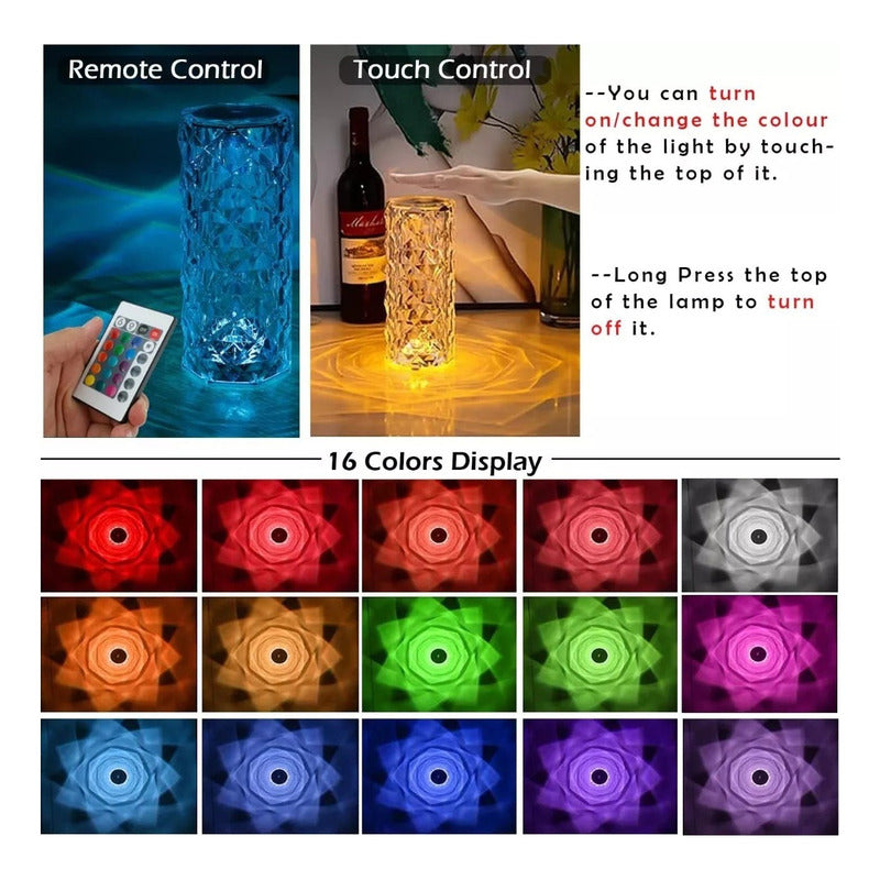 Lámpara De Mesa De Cristal Control Táctil 16 Colores Transparente Transparente
