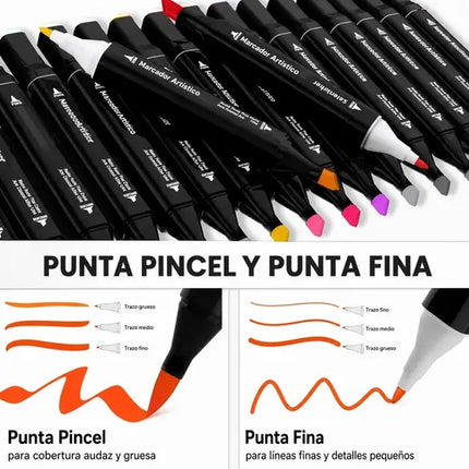 Set 168 Marcadores Doble Punta Con Estuche Profesional Negro