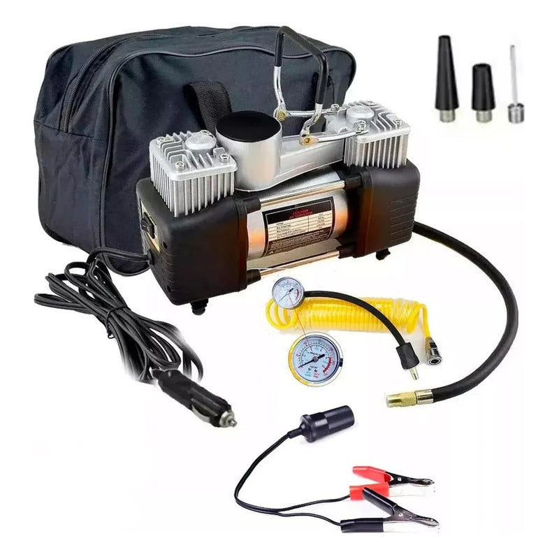 Compresor De Aire Doble Cilindro Inflador Neumaticos Plateado