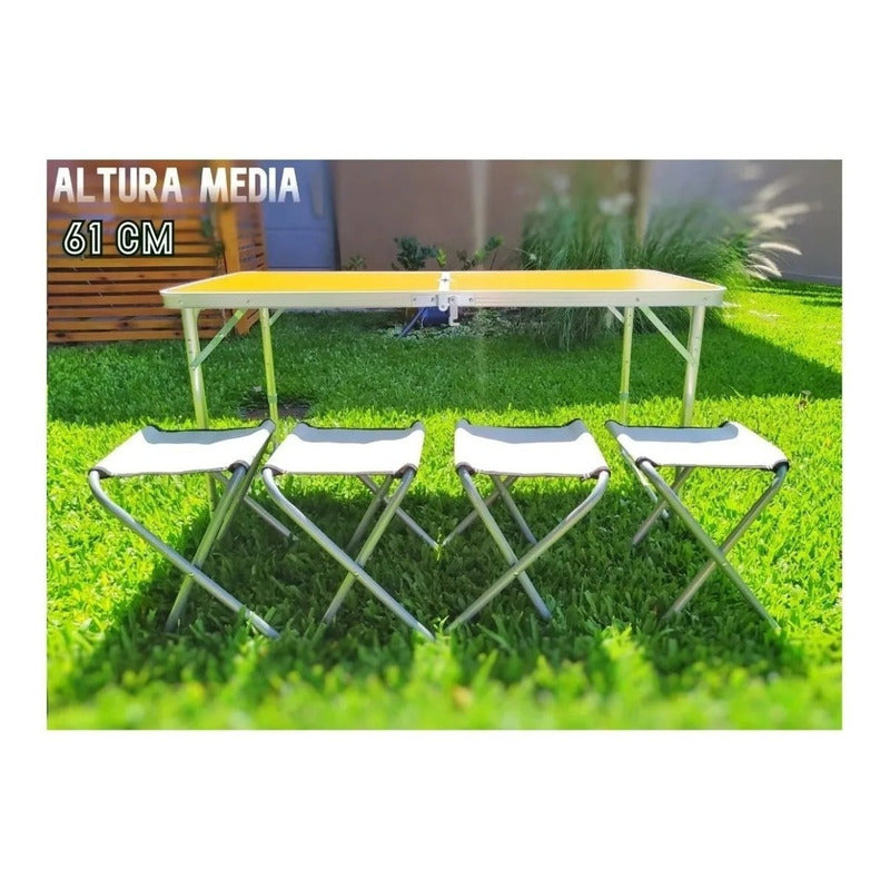 Mesa Plegable Aluminio 120x60cm + 4 Bancas  Marron Oscuro
