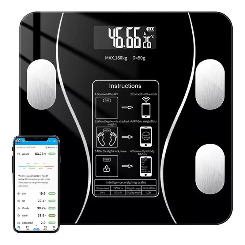 Balanza Baño Digital Bluetooth Inteligente Peso Grasa Imc 18 Negro