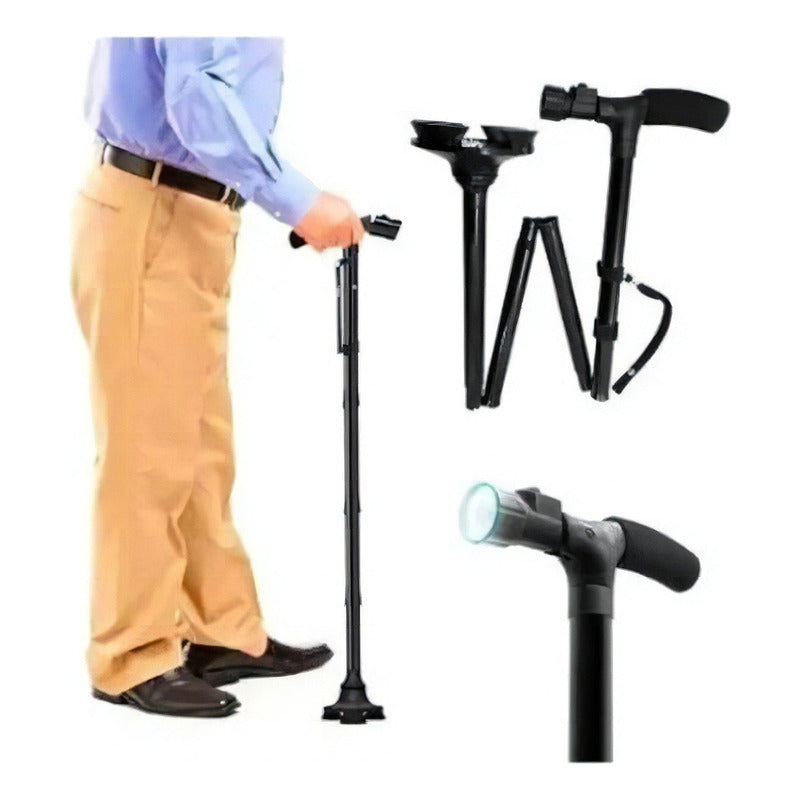 Bastón Ortopédico Plegable Con Lámpara De Luz Led Ajustable Color Negro